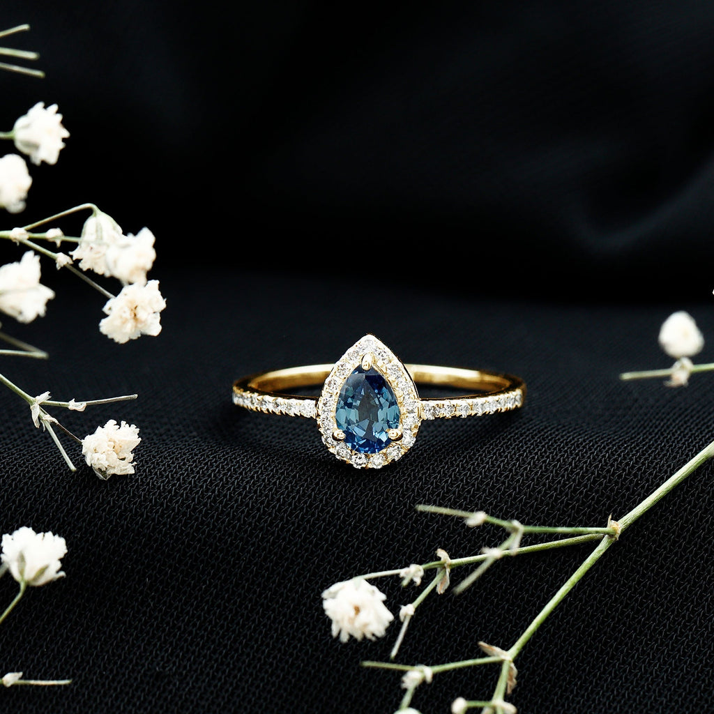 Blue Sapphire Engagement Ring, Pear Shaped Diamond Halo Ring