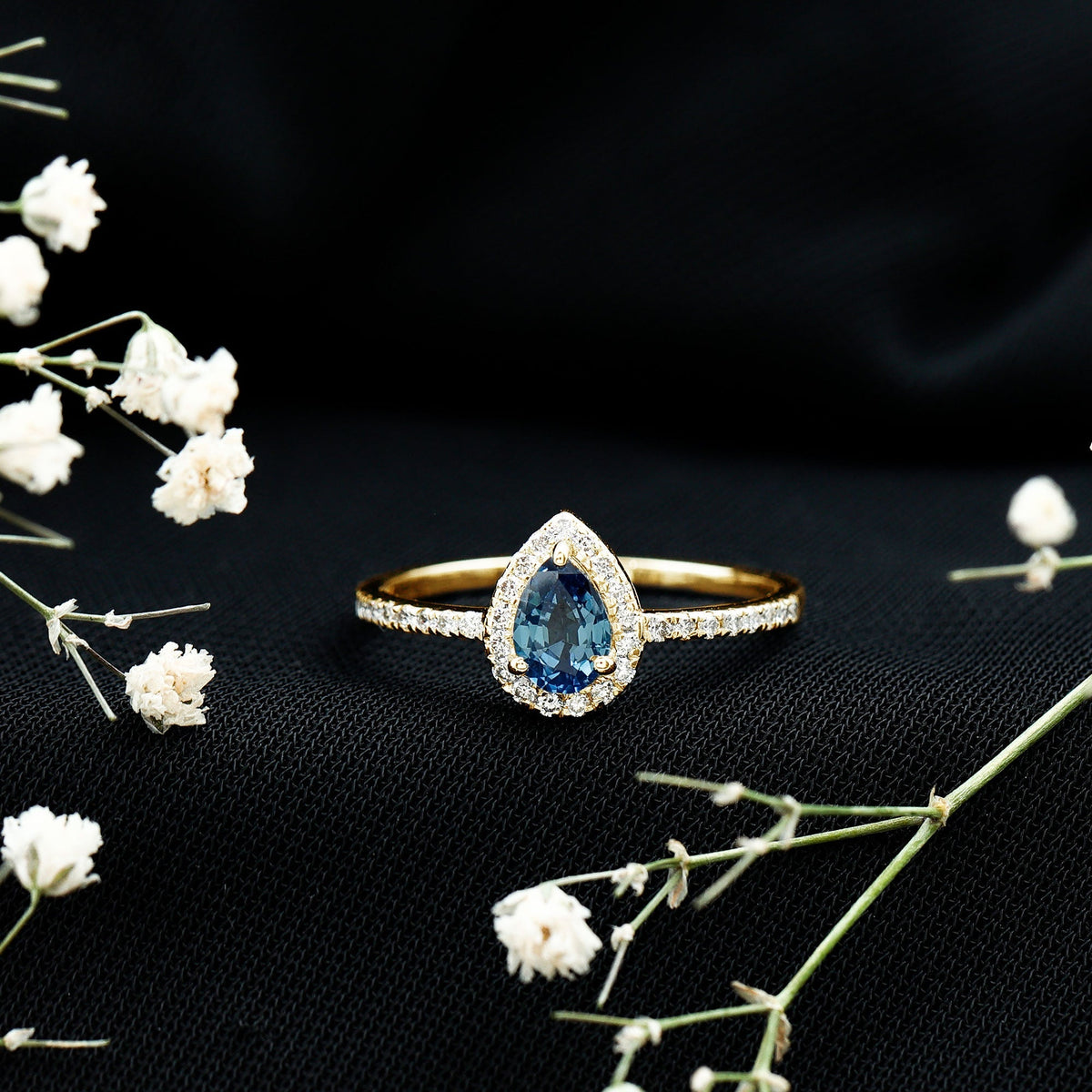 Blue Sapphire Engagement Ring, Pear Shaped Diamond Halo Ring