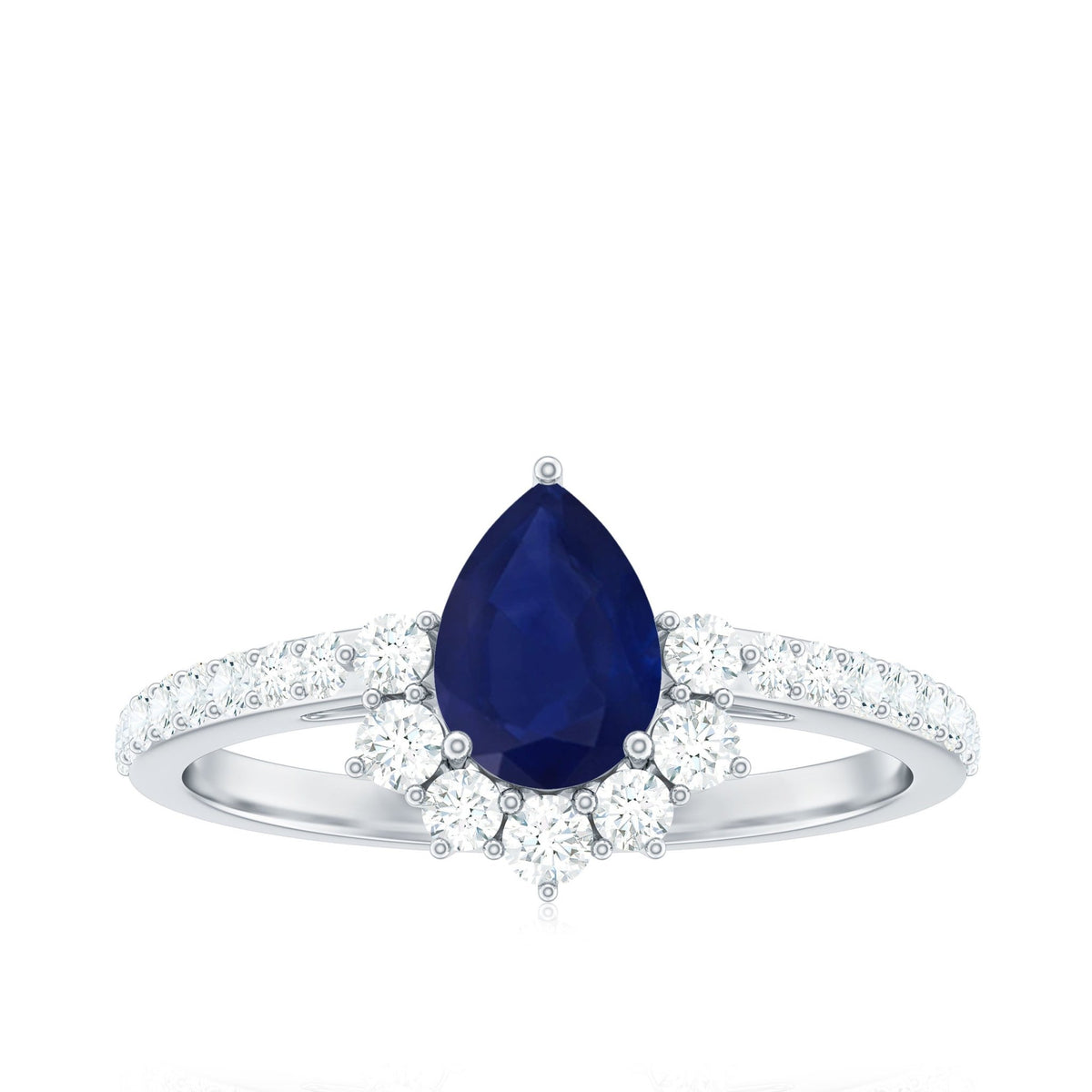 Blue Sapphire Engagement Ring, Pear Shaped Half Halo Diamond Ring