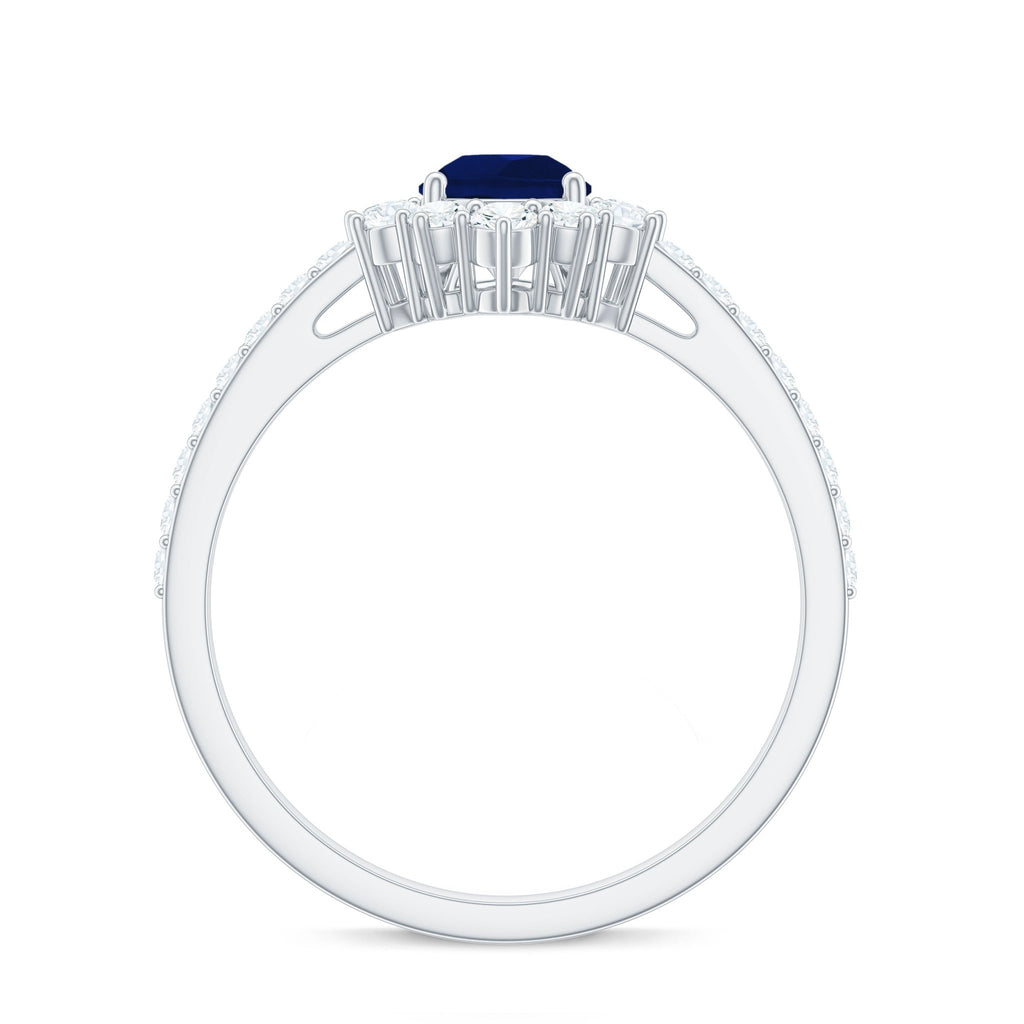 Blue Sapphire Engagement Ring, Pear Shaped Half Halo Diamond Ring