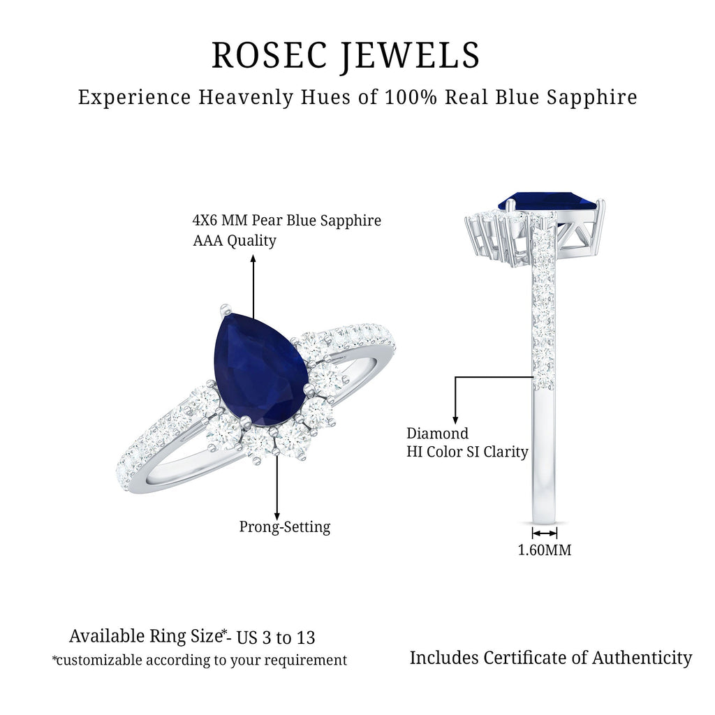 Blue Sapphire Engagement Ring, Pear Shaped Half Halo Diamond Ring