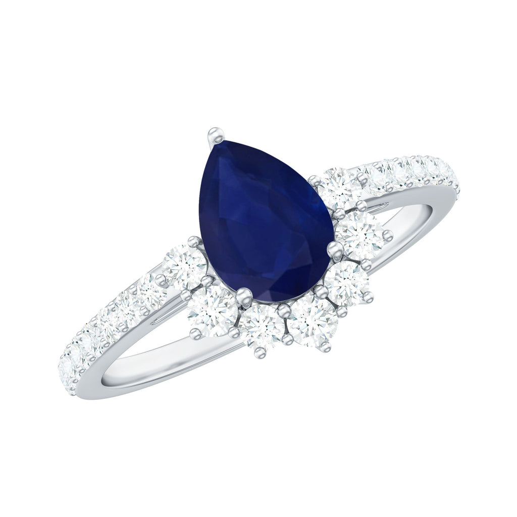 Blue Sapphire Engagement Ring, Pear Shaped Half Halo Diamond Ring