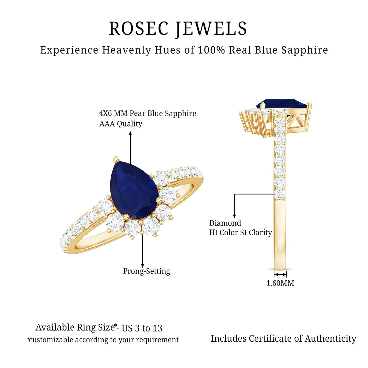 Blue Sapphire Engagement Ring, Pear Shaped Half Halo Diamond Ring