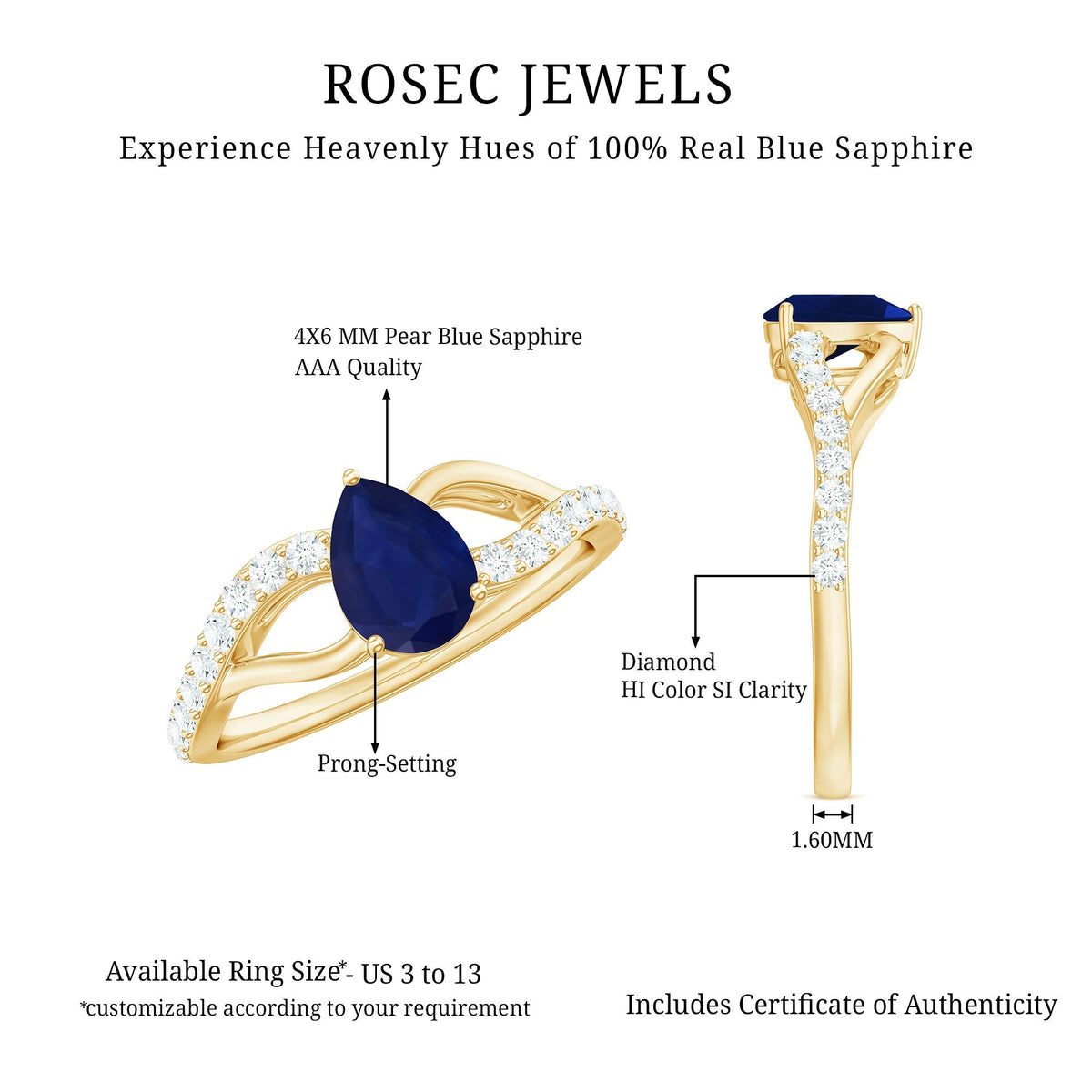 Blue Sapphire Engagement Ring, Pear Shaped Split Shank Diamonds