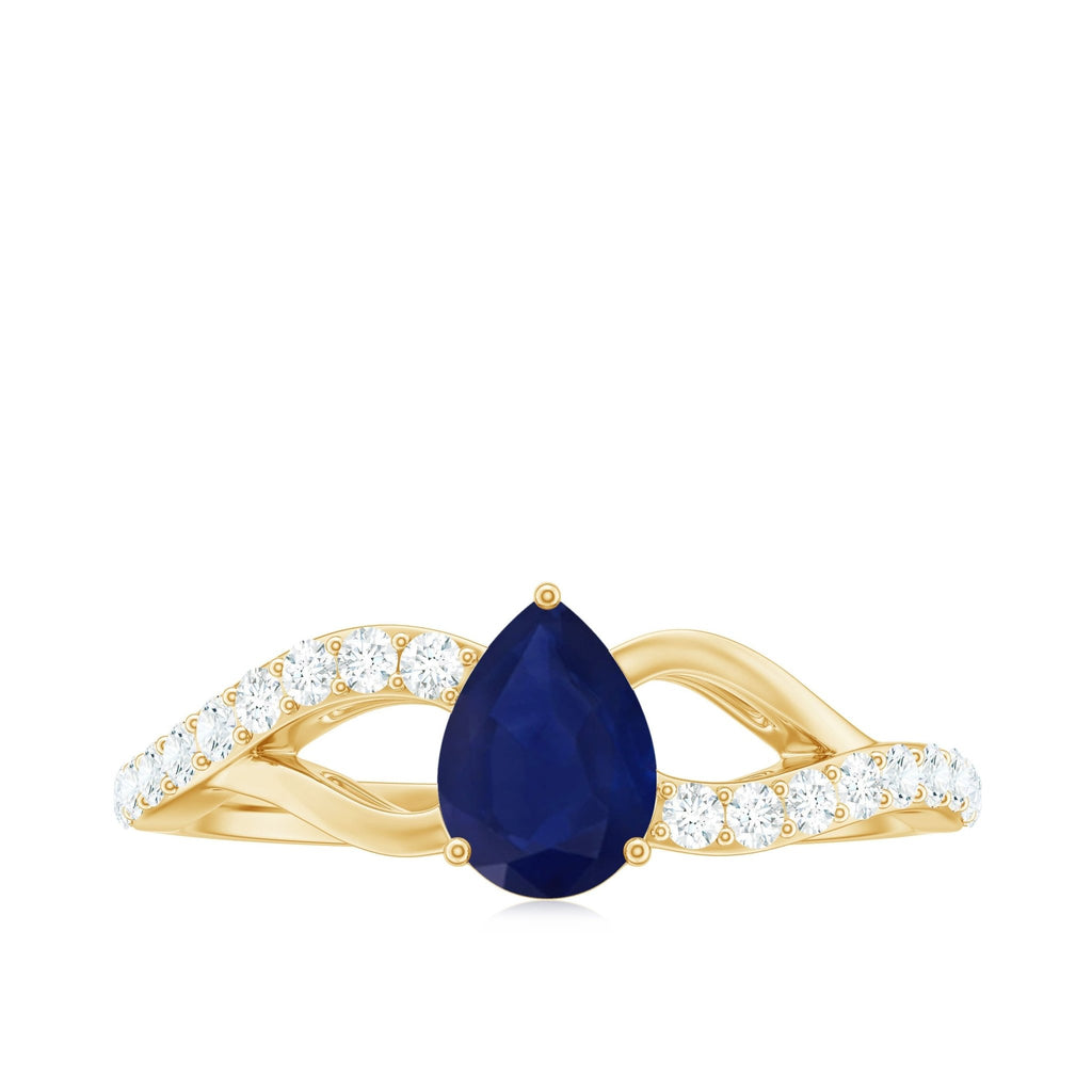 Blue Sapphire Engagement Ring, Pear Shaped Split Shank Diamonds