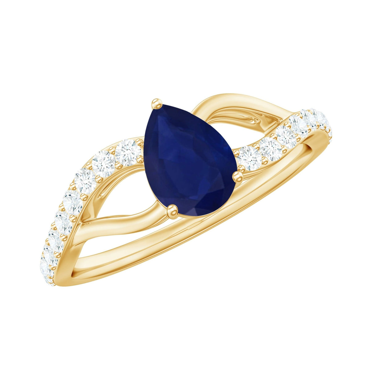 Blue Sapphire Engagement Ring, Pear Shaped Split Shank Diamonds