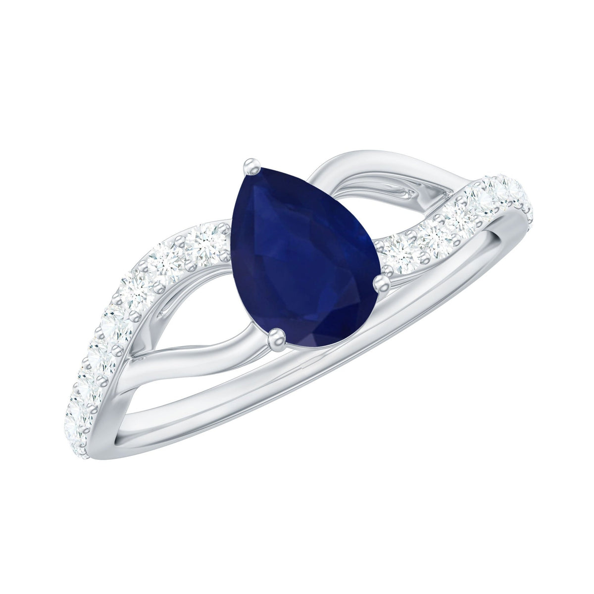 Blue Sapphire Engagement Ring, Pear Shaped Split Shank Diamonds