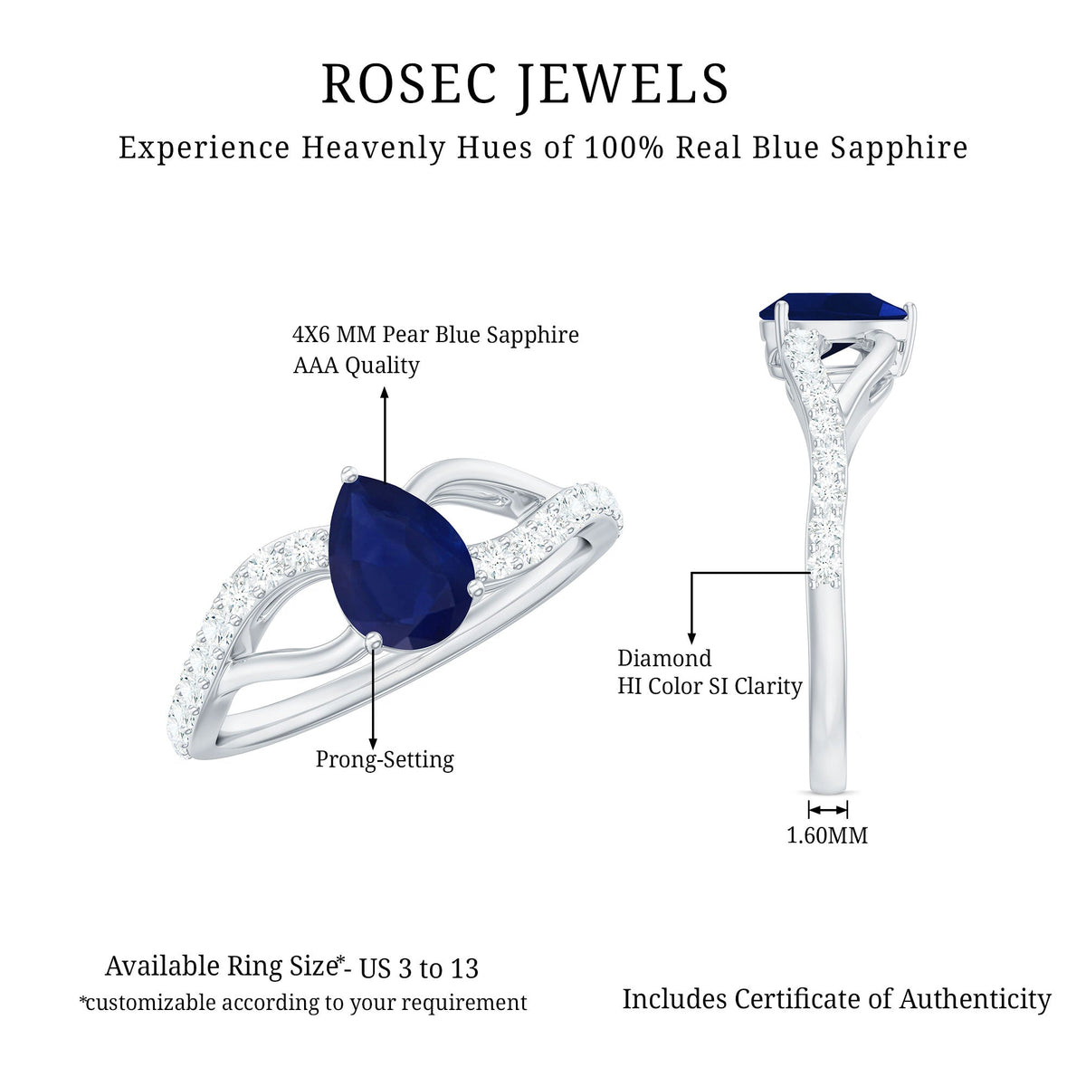 Blue Sapphire Engagement Ring, Pear Shaped Split Shank Diamonds