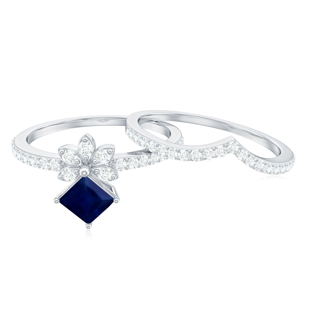 Blue Sapphire Engagement Ring, Princess Cut Diamond Flower Band