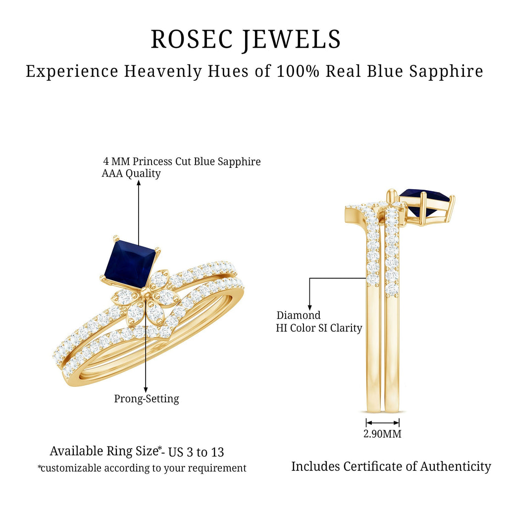 Blue Sapphire Engagement Ring, Princess Cut Diamond Flower Band
