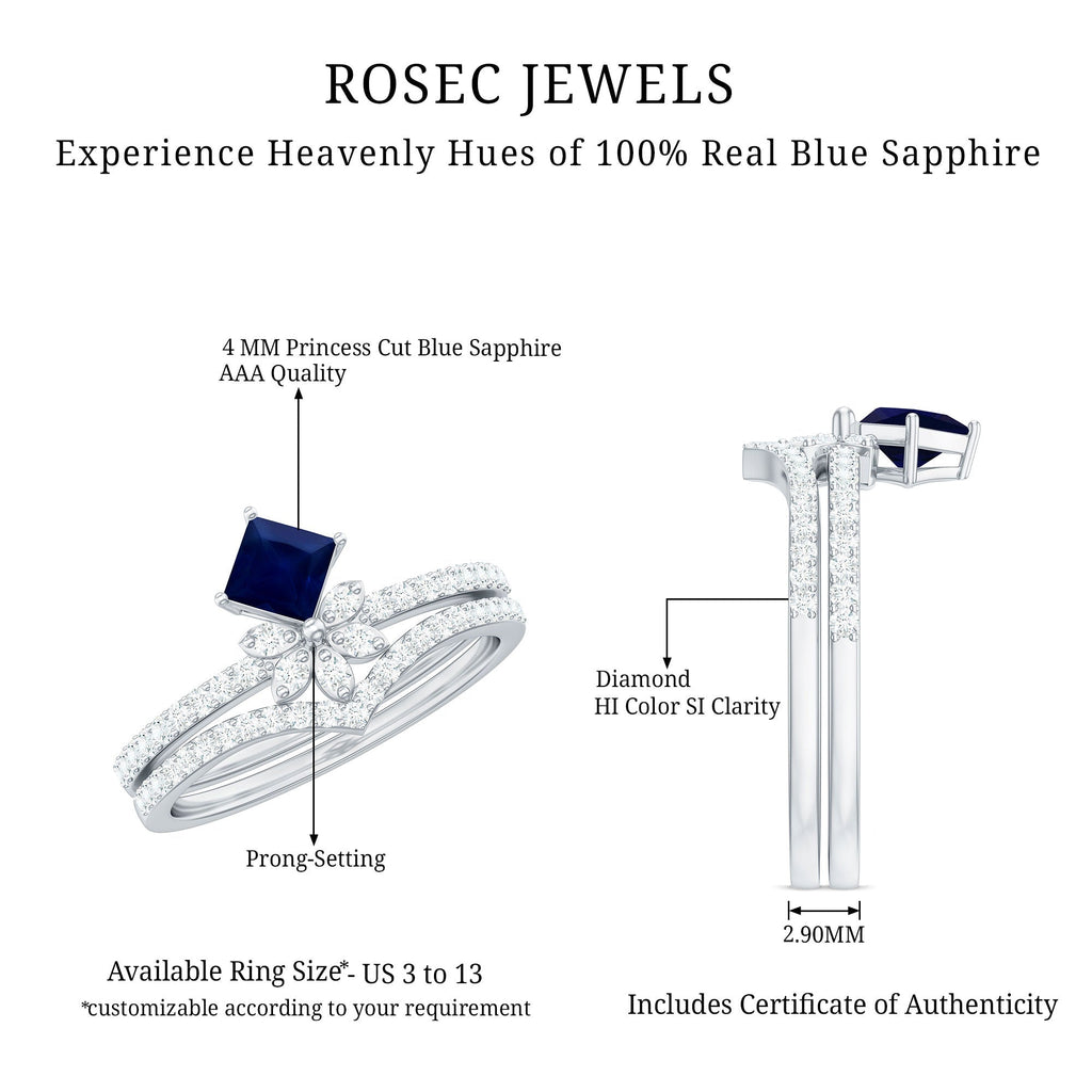 Blue Sapphire Engagement Ring, Princess Cut Diamond Flower Band