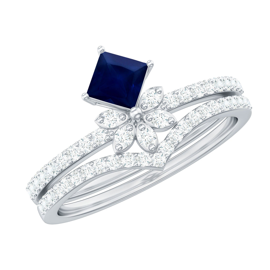 Blue Sapphire Engagement Ring, Princess Cut Diamond Flower Band