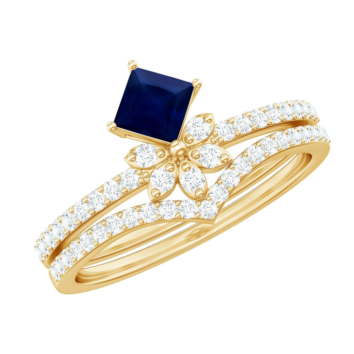 Blue Sapphire Engagement Ring, Princess Cut Diamond Flower Band