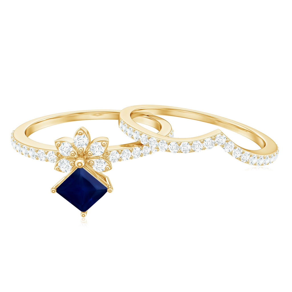 Blue Sapphire Engagement Ring, Princess Cut Diamond Flower Band
