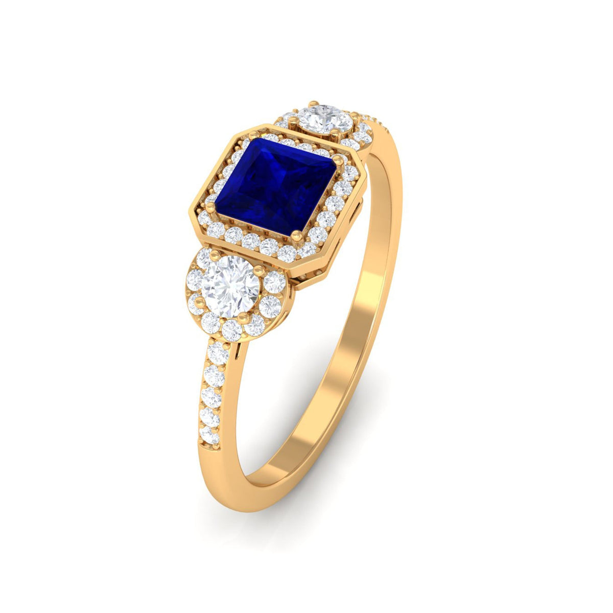 Blue Sapphire Engagement Ring Princess Cut Diamond Halo Ring