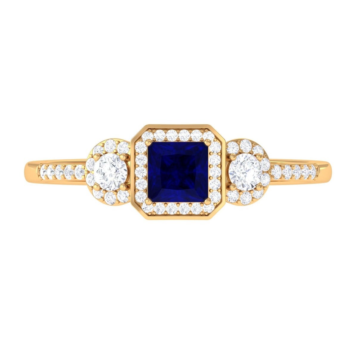 Blue Sapphire Engagement Ring Princess Cut Diamond Halo Ring