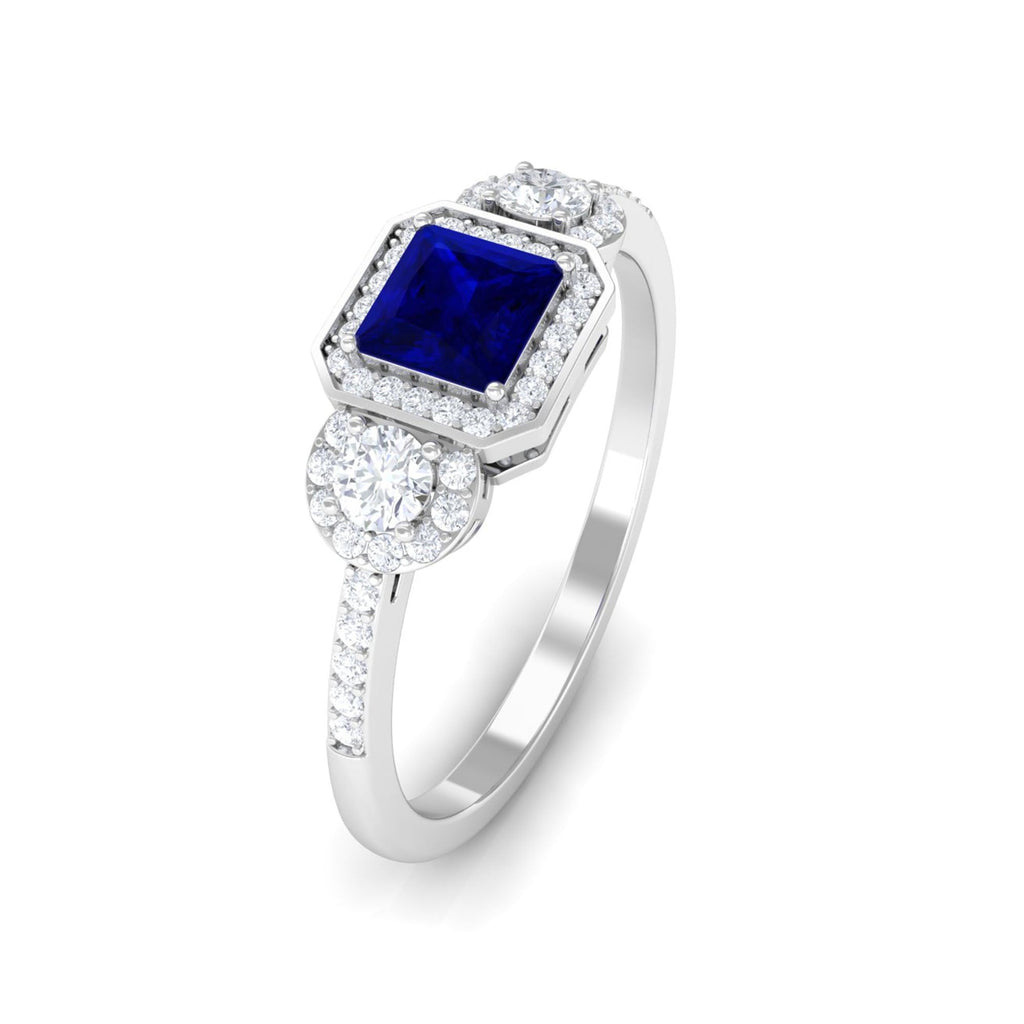 Blue Sapphire Engagement Ring Princess Cut Diamond Halo Ring