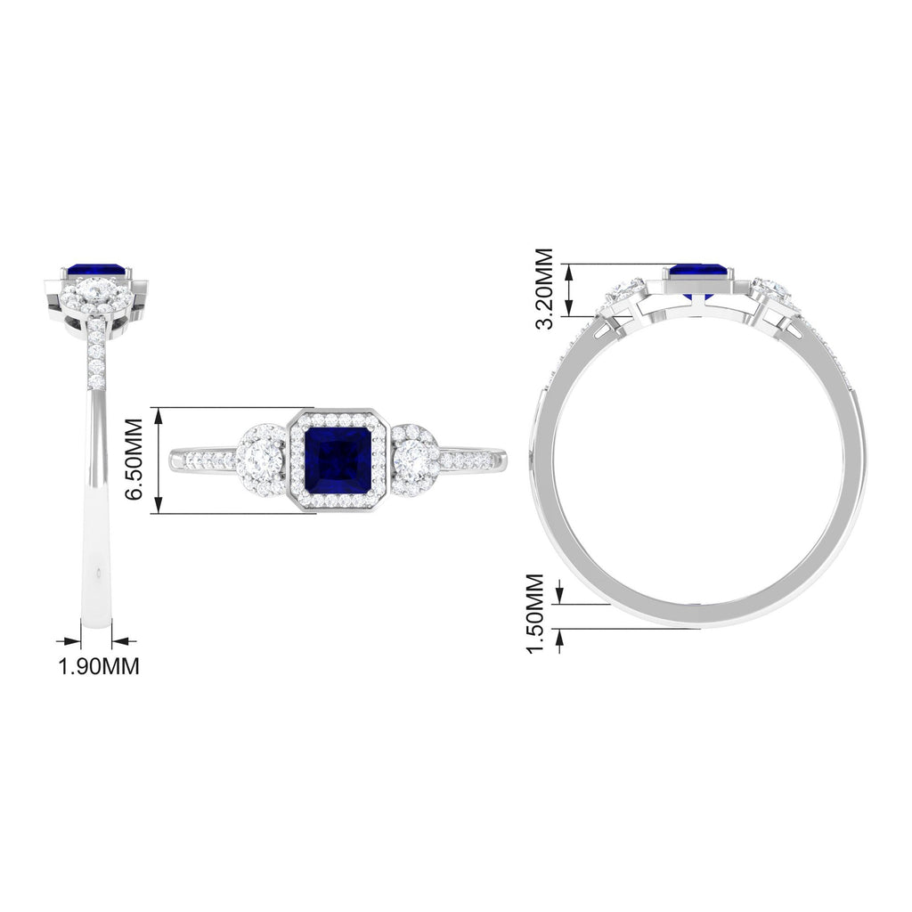 Blue Sapphire Engagement Ring Princess Cut Diamond Halo Ring