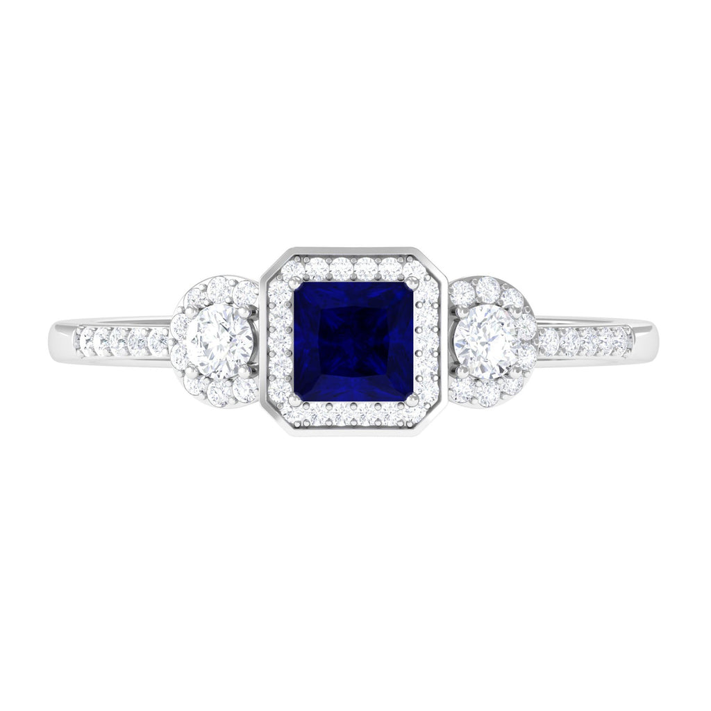 Blue Sapphire Engagement Ring Princess Cut Diamond Halo Ring