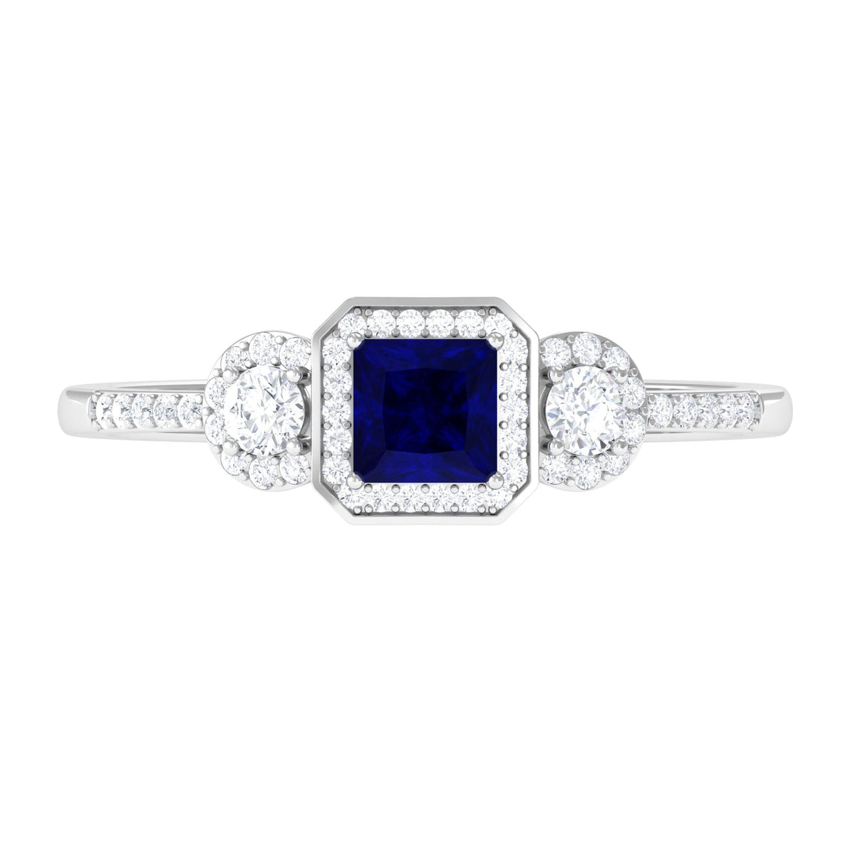 Blue Sapphire Engagement Ring Princess Cut Diamond Halo Ring