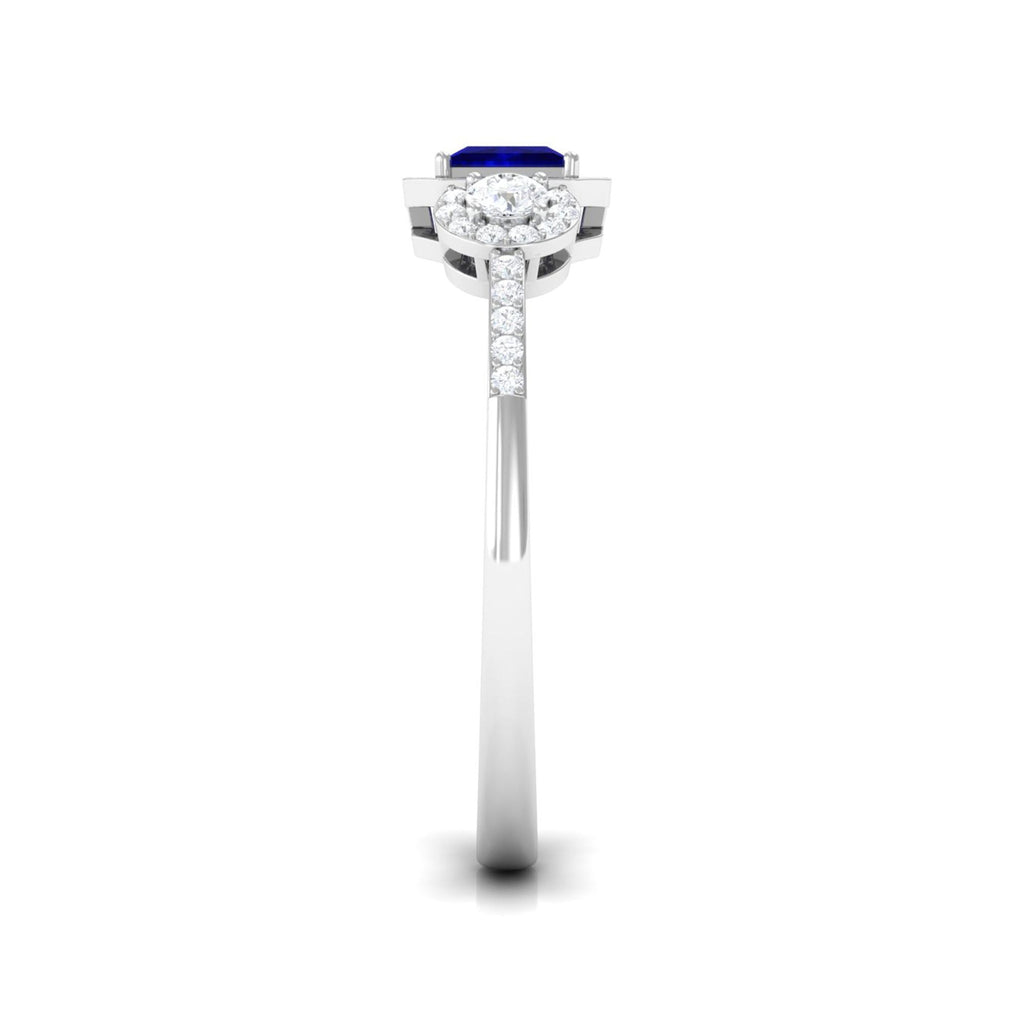 Blue Sapphire Engagement Ring Princess Cut Diamond Halo Ring