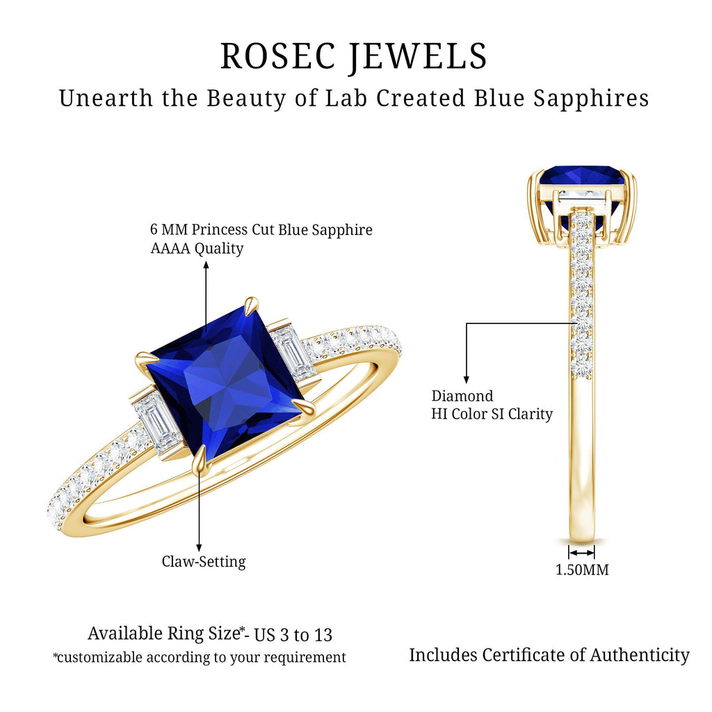 Blue Sapphire Engagement Ring, Princess Cut Moissanite Solitaire