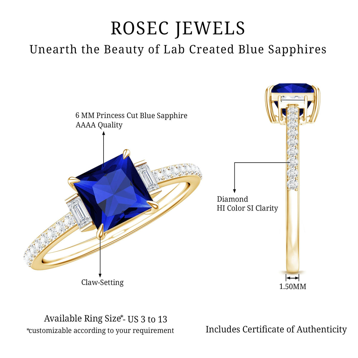 Blue Sapphire Engagement Ring, Princess Cut Moissanite Solitaire