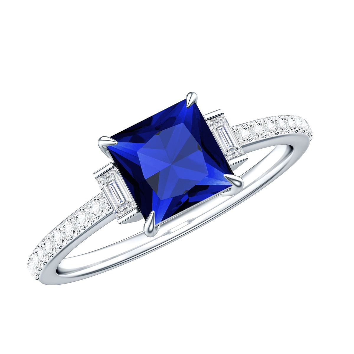 Blue Sapphire Engagement Ring, Princess Cut Moissanite Solitaire