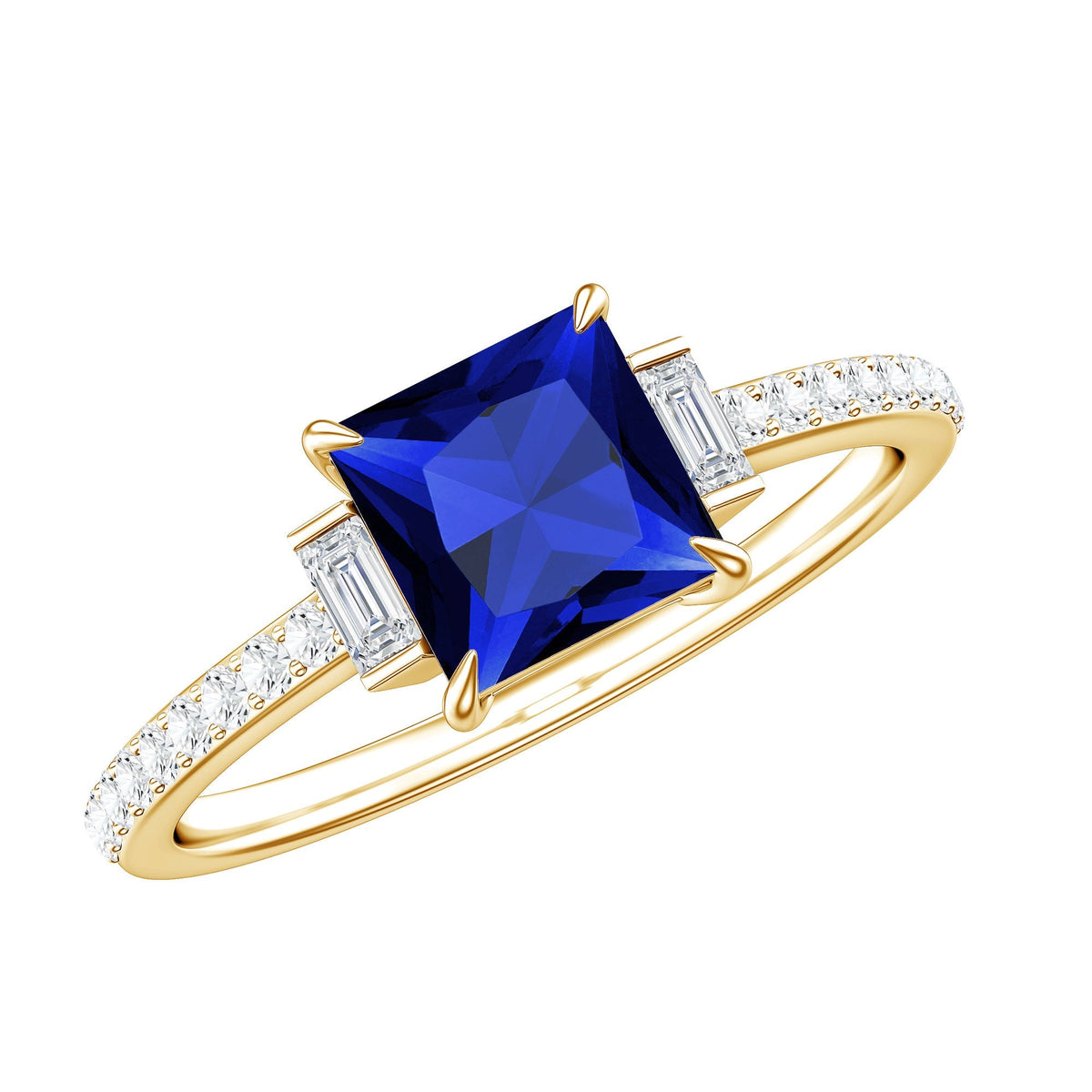 Blue Sapphire Engagement Ring, Princess Cut Moissanite Solitaire