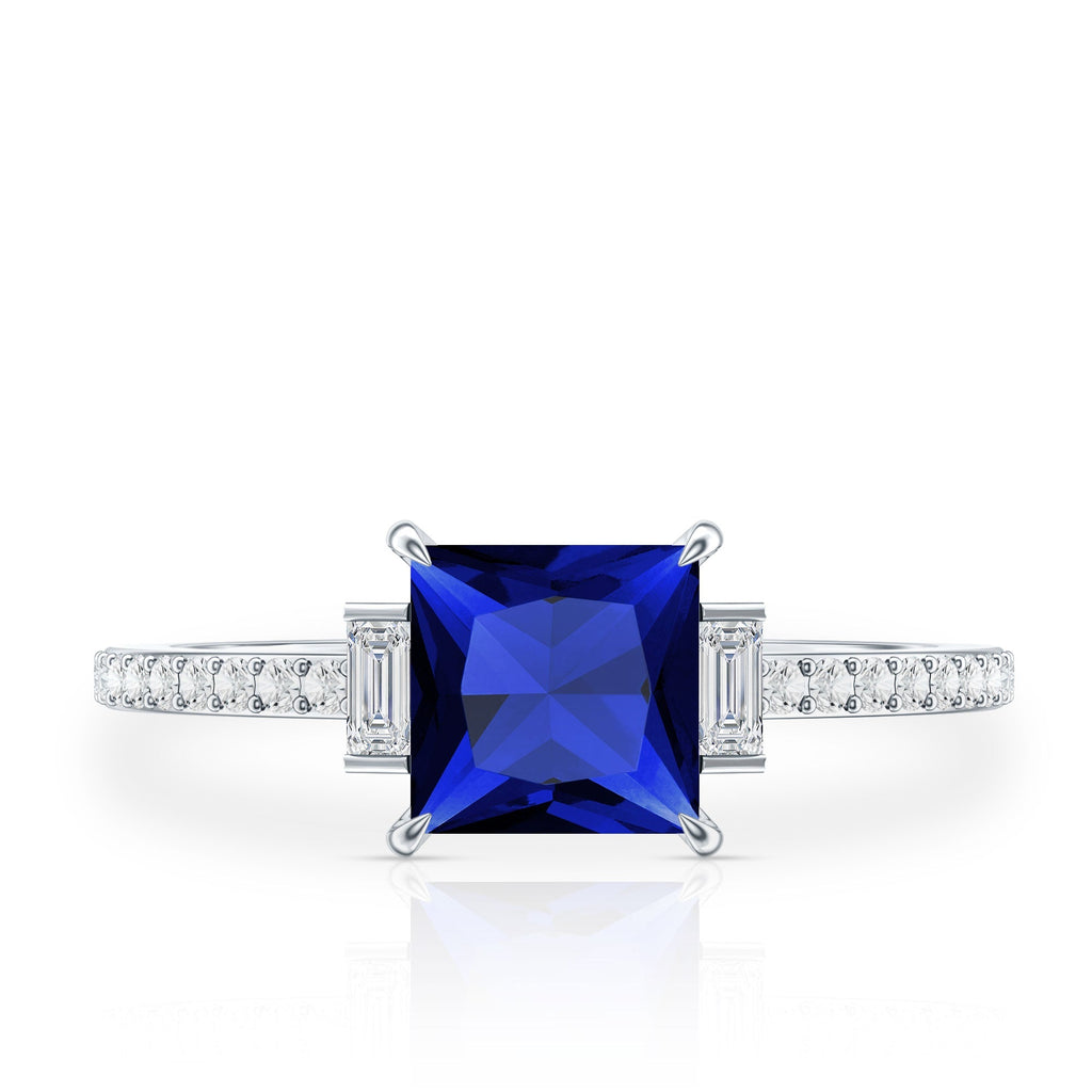 Blue Sapphire Engagement Ring, Princess Cut Moissanite Solitaire