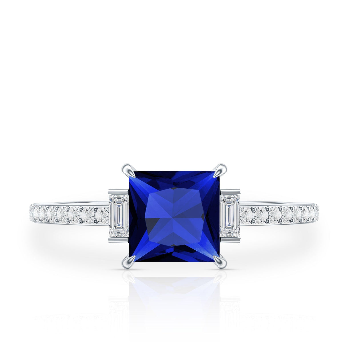 Blue Sapphire Engagement Ring, Princess Cut Moissanite Solitaire