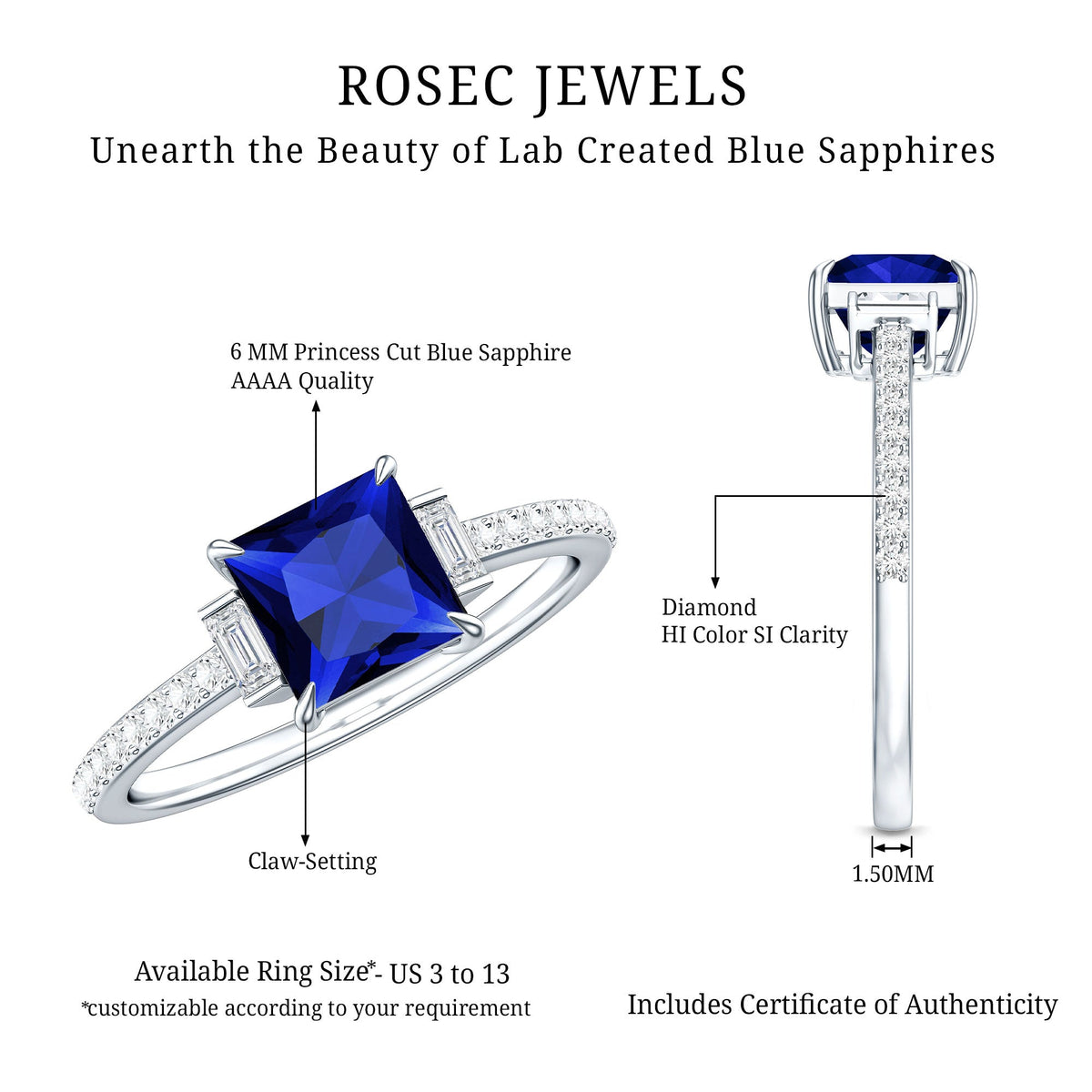 Blue Sapphire Engagement Ring, Princess Cut Moissanite Solitaire