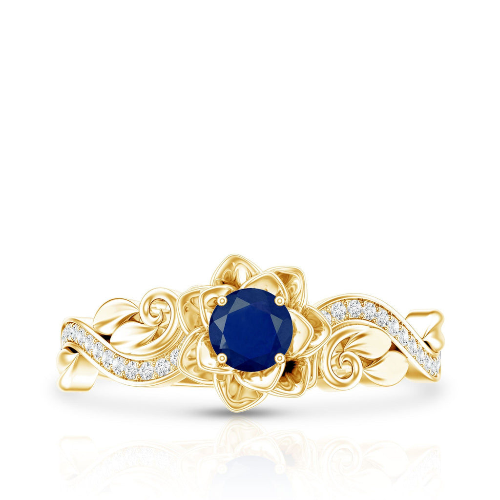 Blue Sapphire Engagement Ring, Rose Flower Diamond Leaf Band