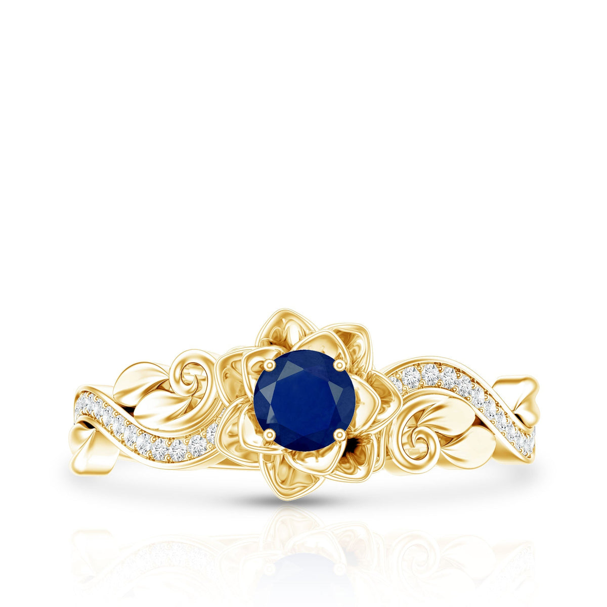 Blue Sapphire Engagement Ring, Rose Flower Diamond Leaf Band