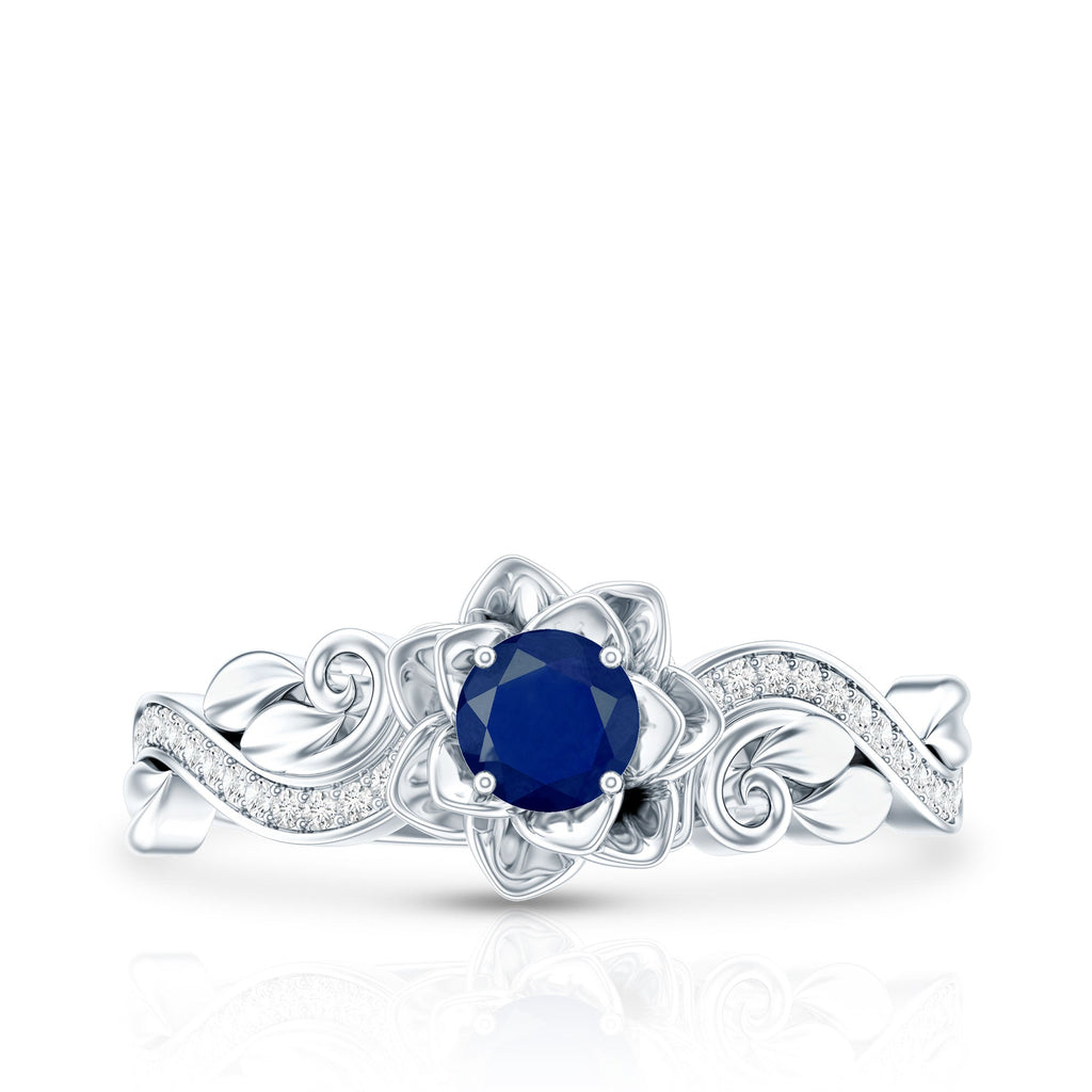 Blue Sapphire Engagement Ring, Rose Flower Diamond Leaf Band