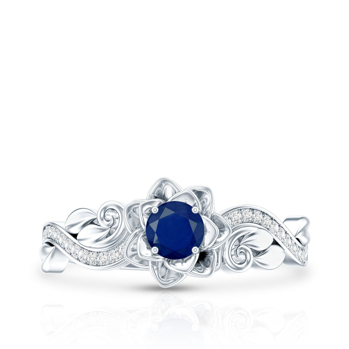 Blue Sapphire Engagement Ring, Rose Flower Diamond Leaf Band