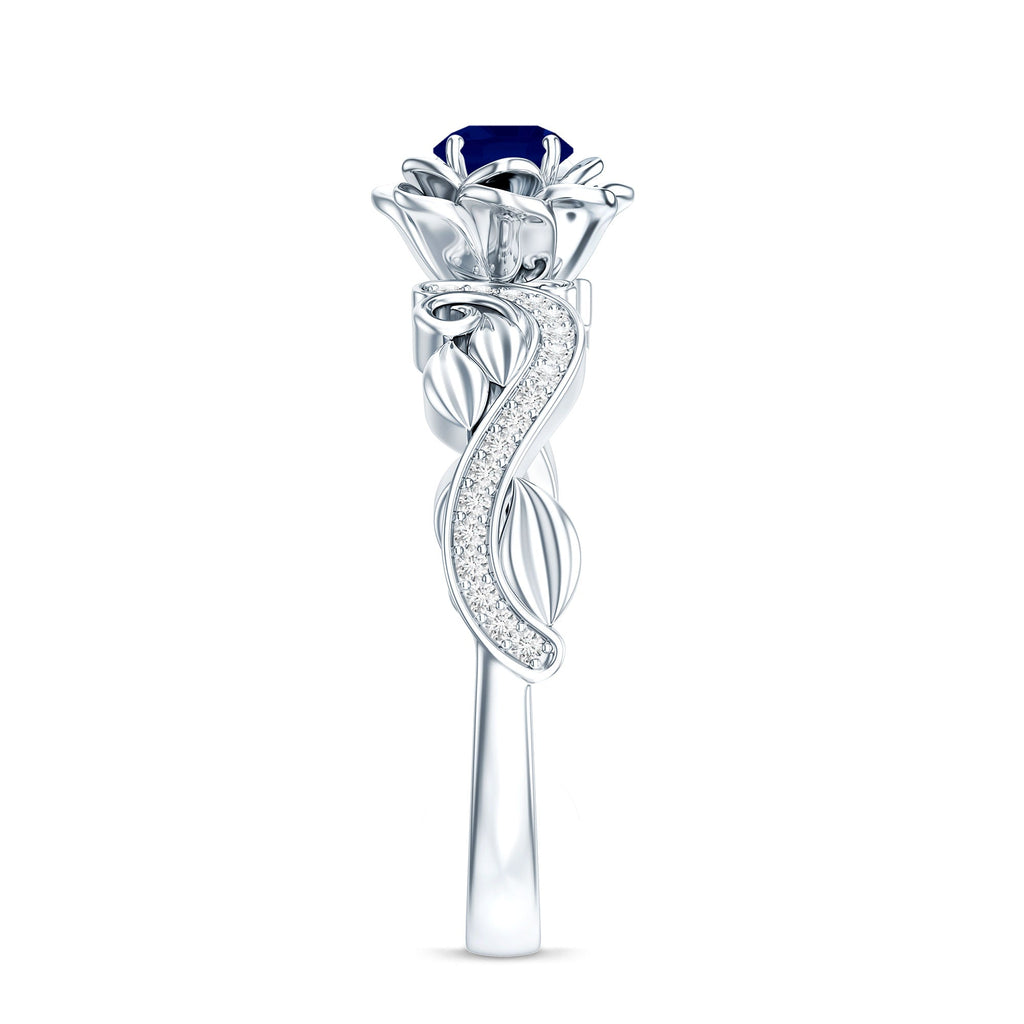 Blue Sapphire Engagement Ring, Rose Flower Diamond Leaf Band