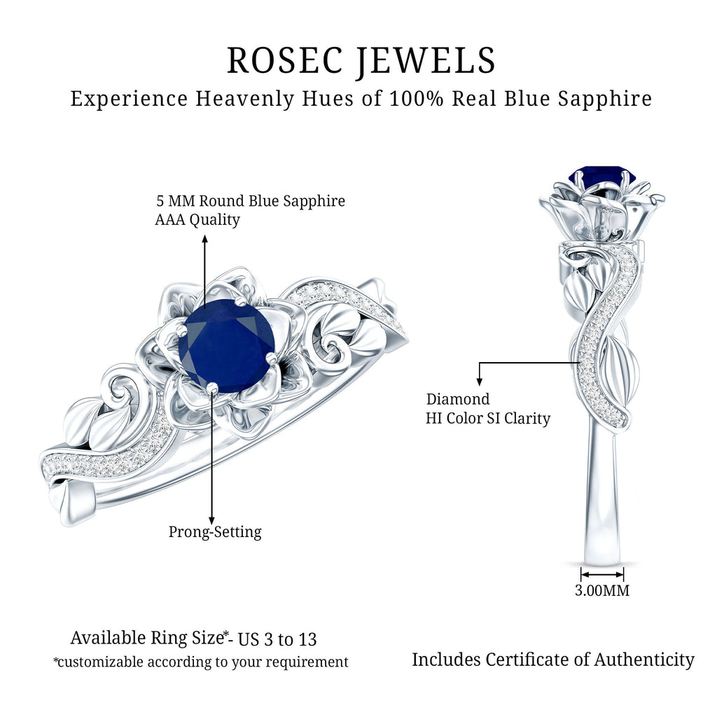 Blue Sapphire Engagement Ring, Rose Flower Diamond Leaf Band