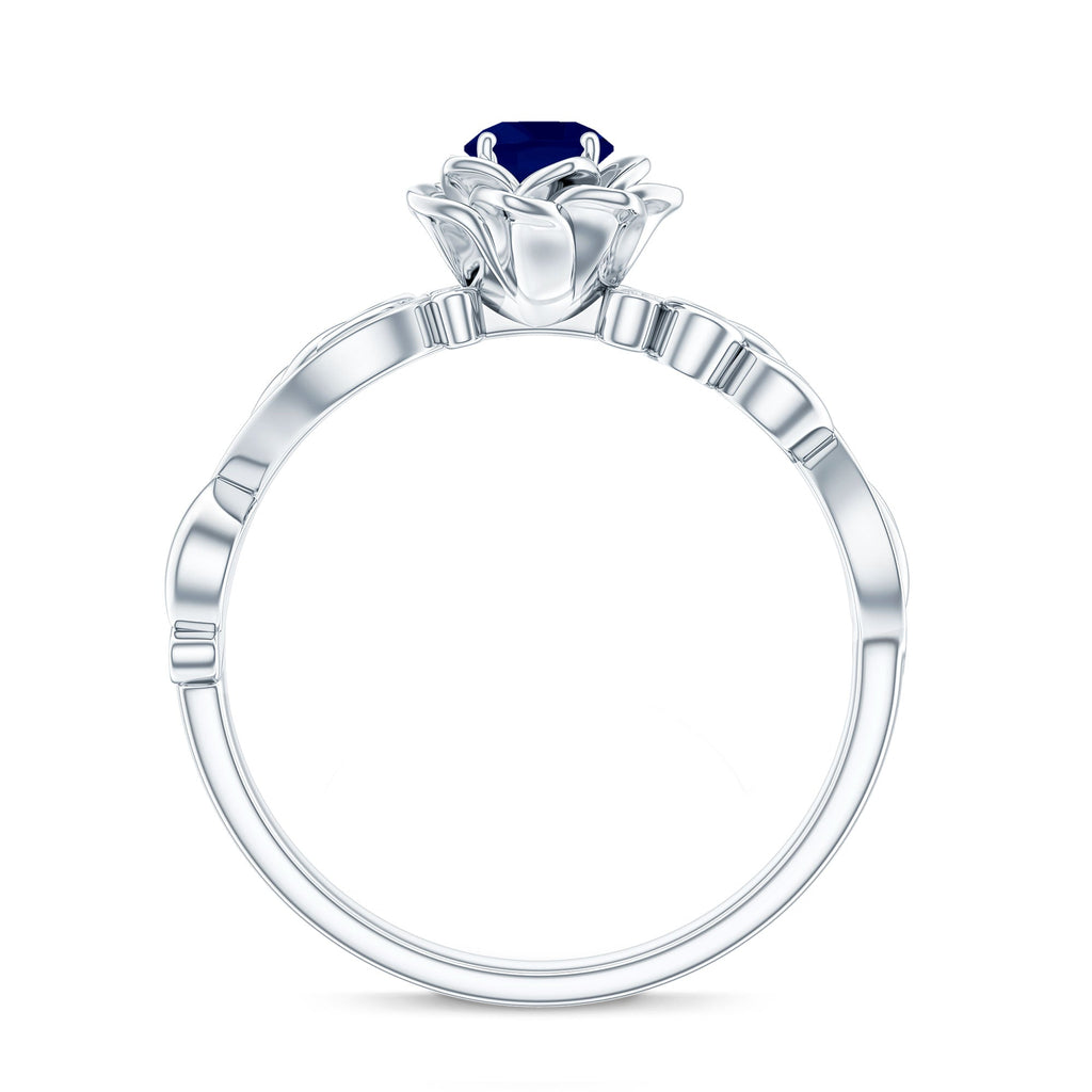 Blue Sapphire Engagement Ring, Rose Flower Diamond Leaf Band