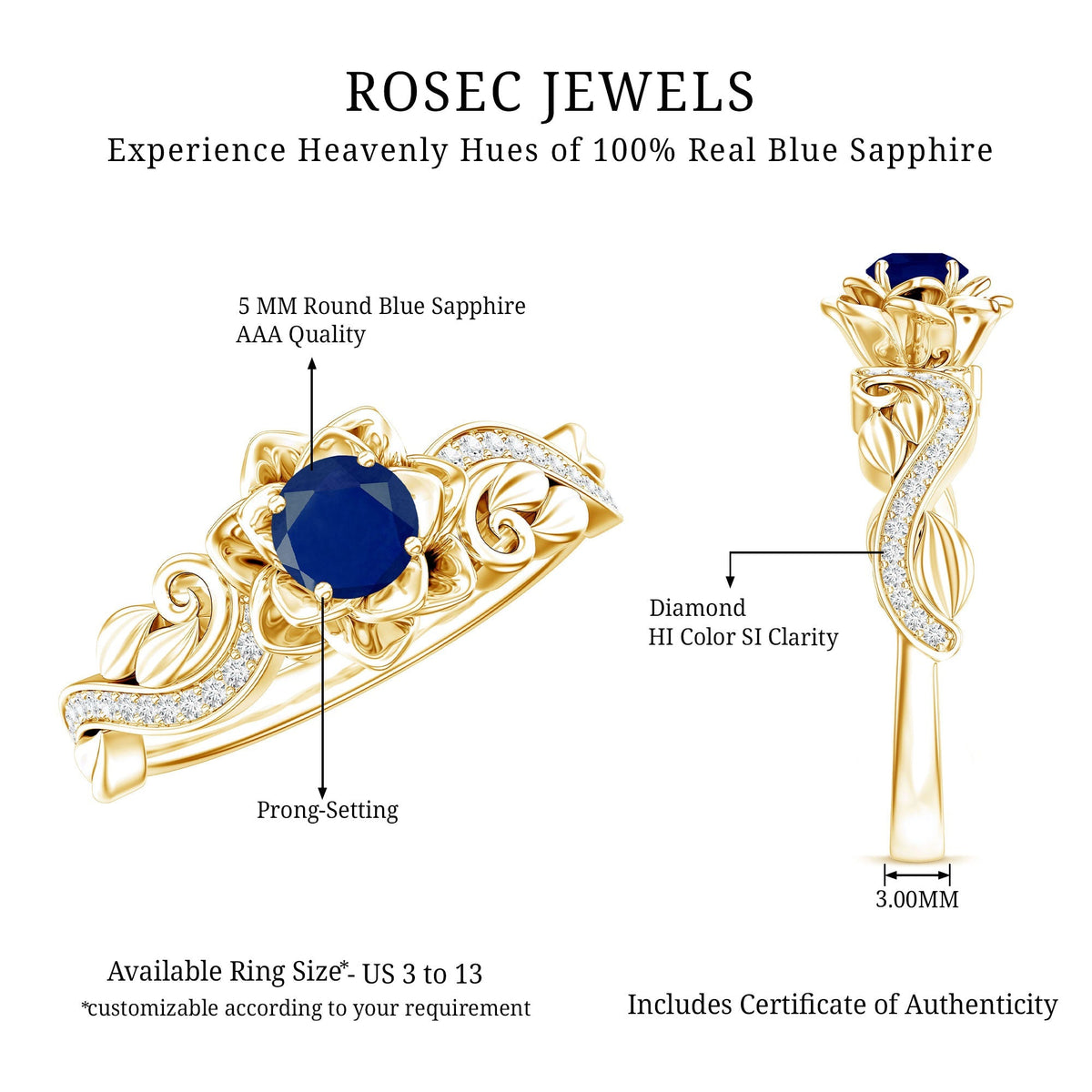 Blue Sapphire Engagement Ring, Rose Flower Diamond Leaf Band