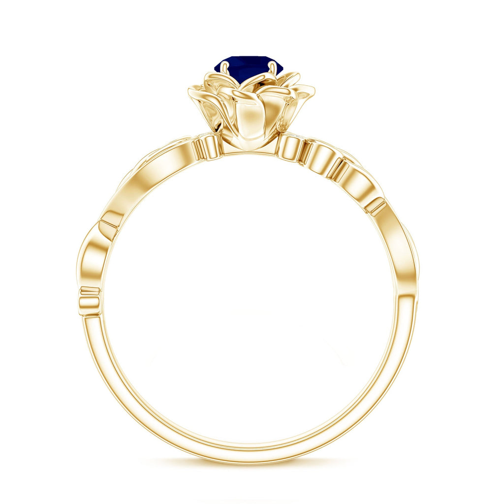 Blue Sapphire Engagement Ring, Rose Flower Diamond Leaf Band
