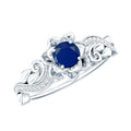Blue Sapphire Engagement Ring, Rose Flower Diamond Leaf Band