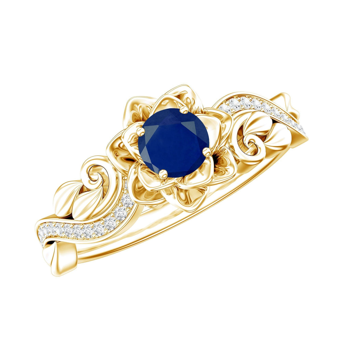 Blue Sapphire Engagement Ring, Rose Flower Diamond Leaf Band