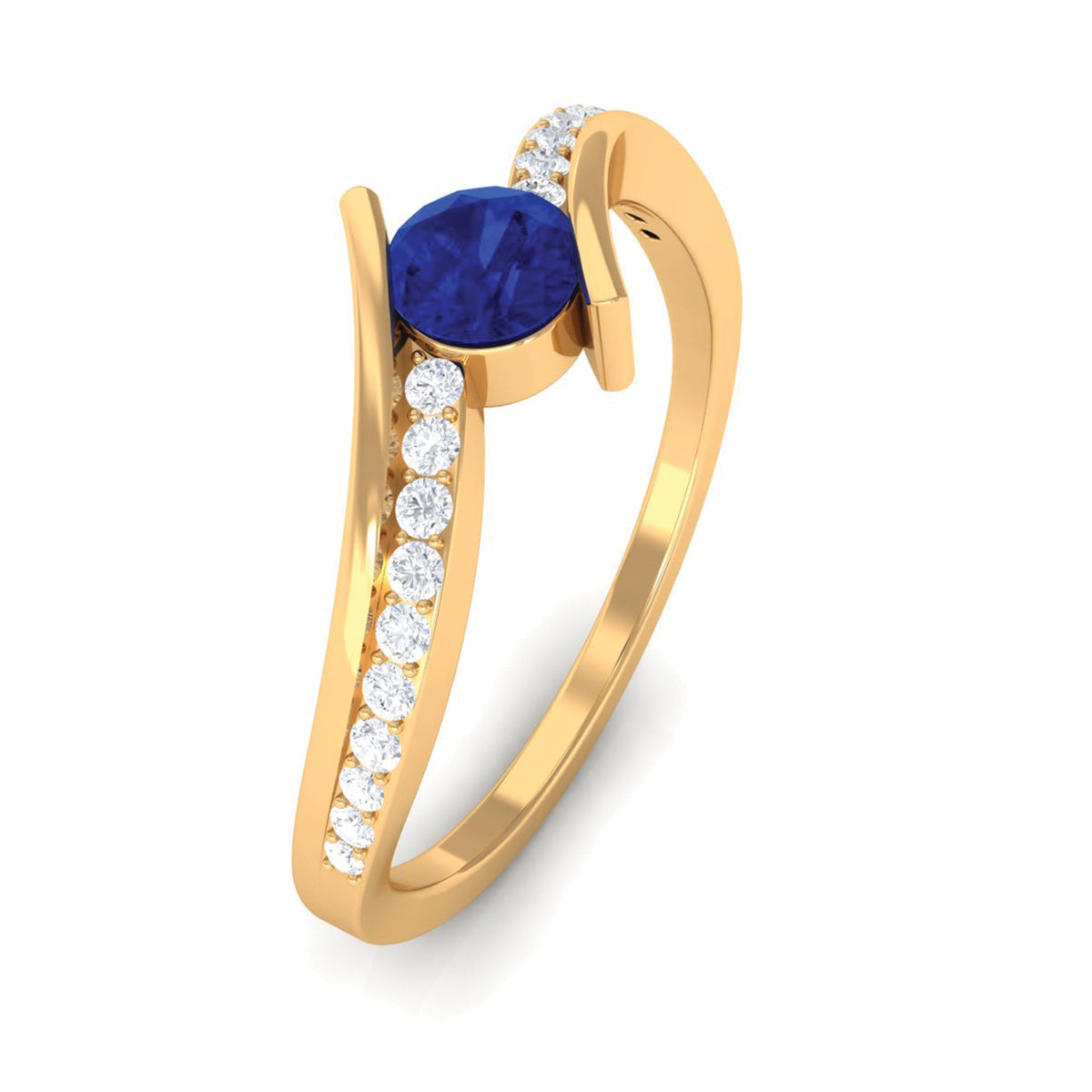 Blue Sapphire Engagement Ring, Round Bypass Diamond Accent Ring