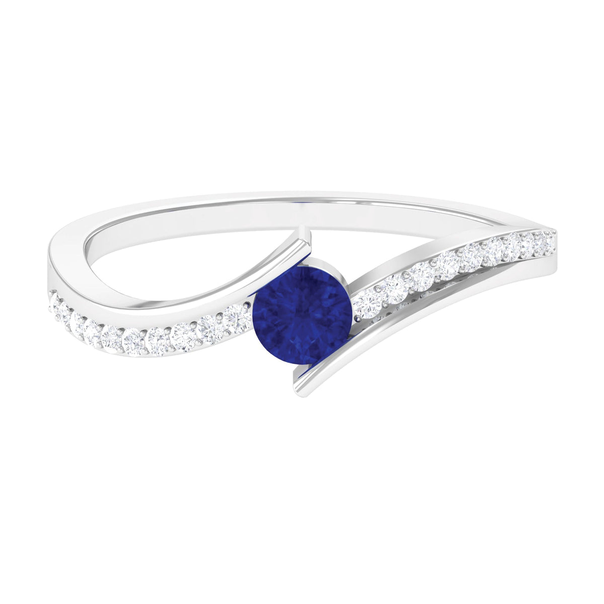 Blue Sapphire Engagement Ring, Round Bypass Diamond Accent Ring