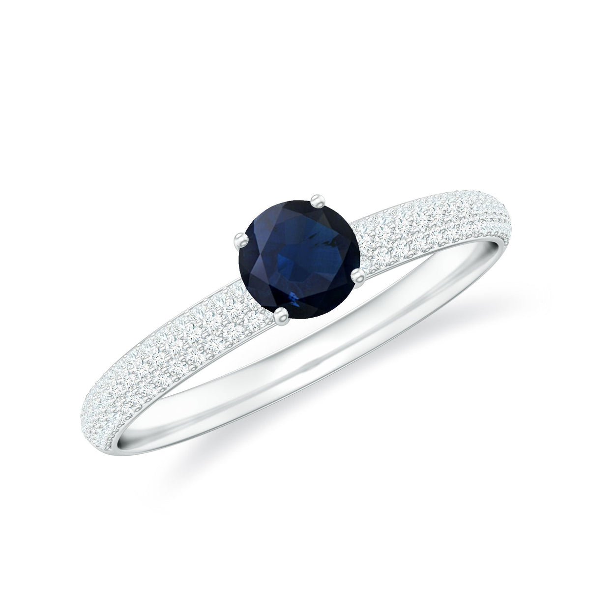 Blue Sapphire Engagement Ring, Round Cut, Diamond Side Stones