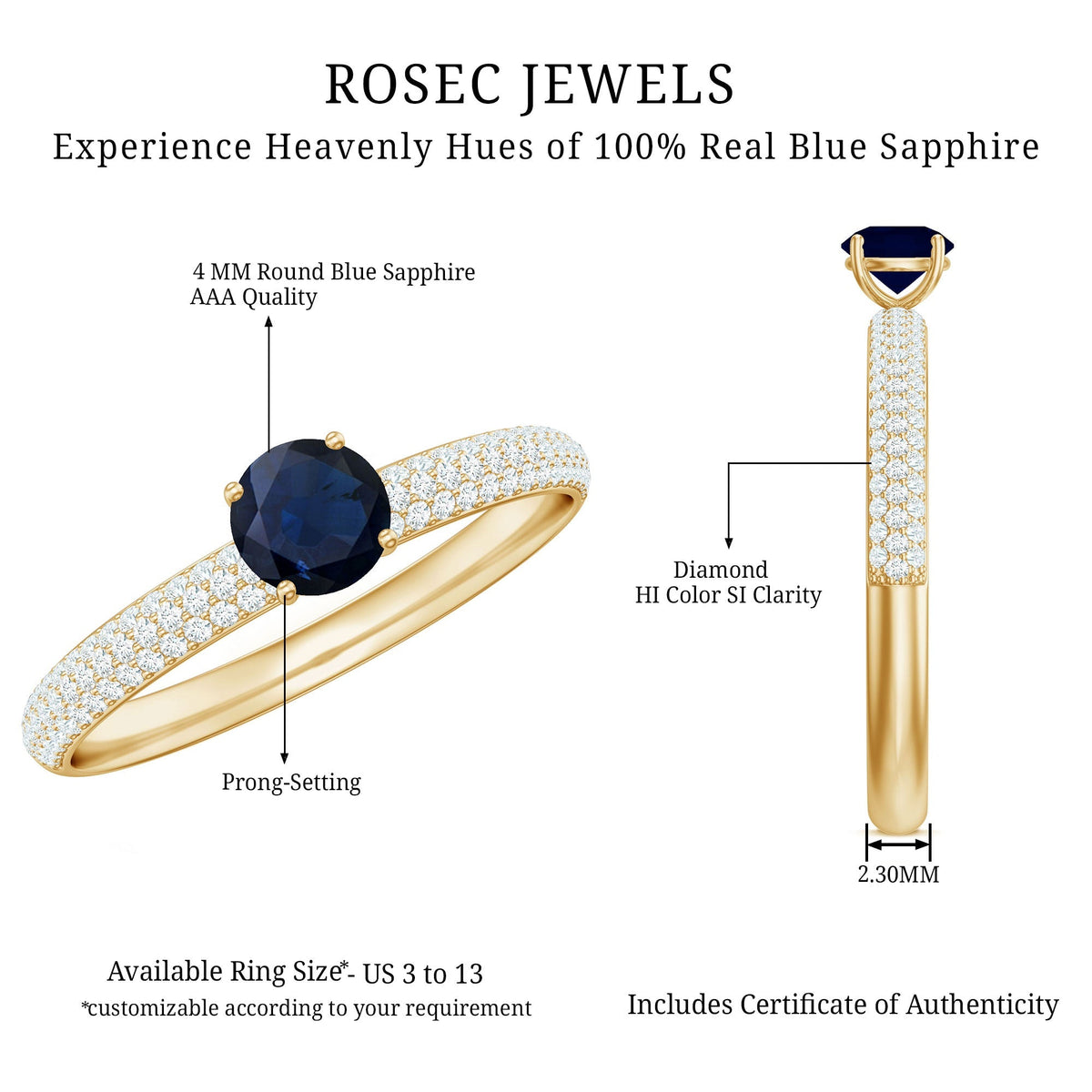 Blue Sapphire Engagement Ring, Round Cut, Diamond Side Stones