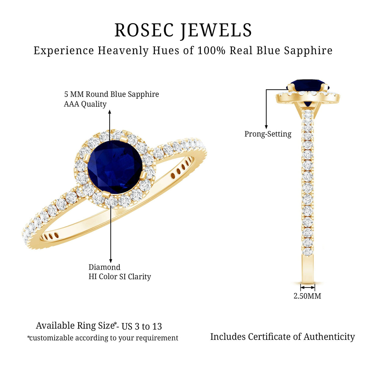 Blue Sapphire Engagement Ring, Round Diamond Halo, 0.95 Carat