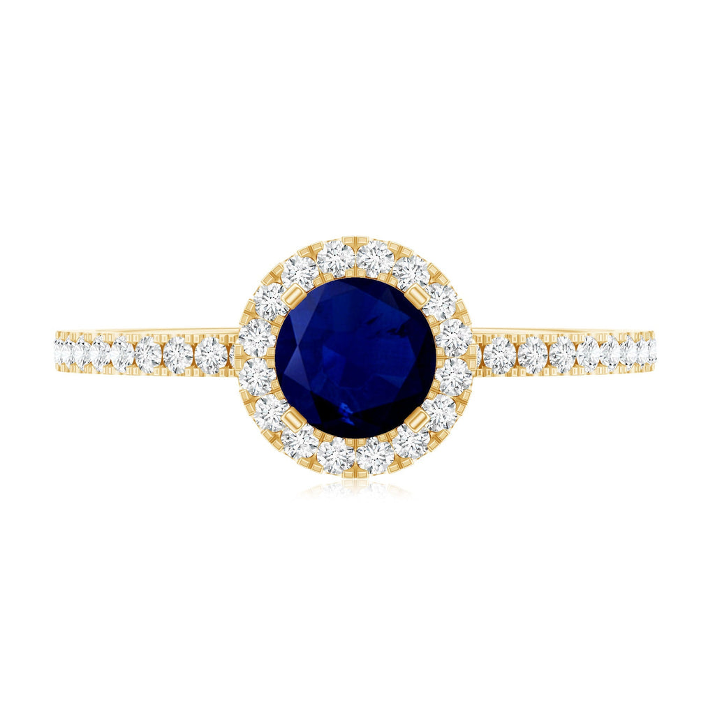 Blue Sapphire Engagement Ring, Round Diamond Halo, 0.95 Carat
