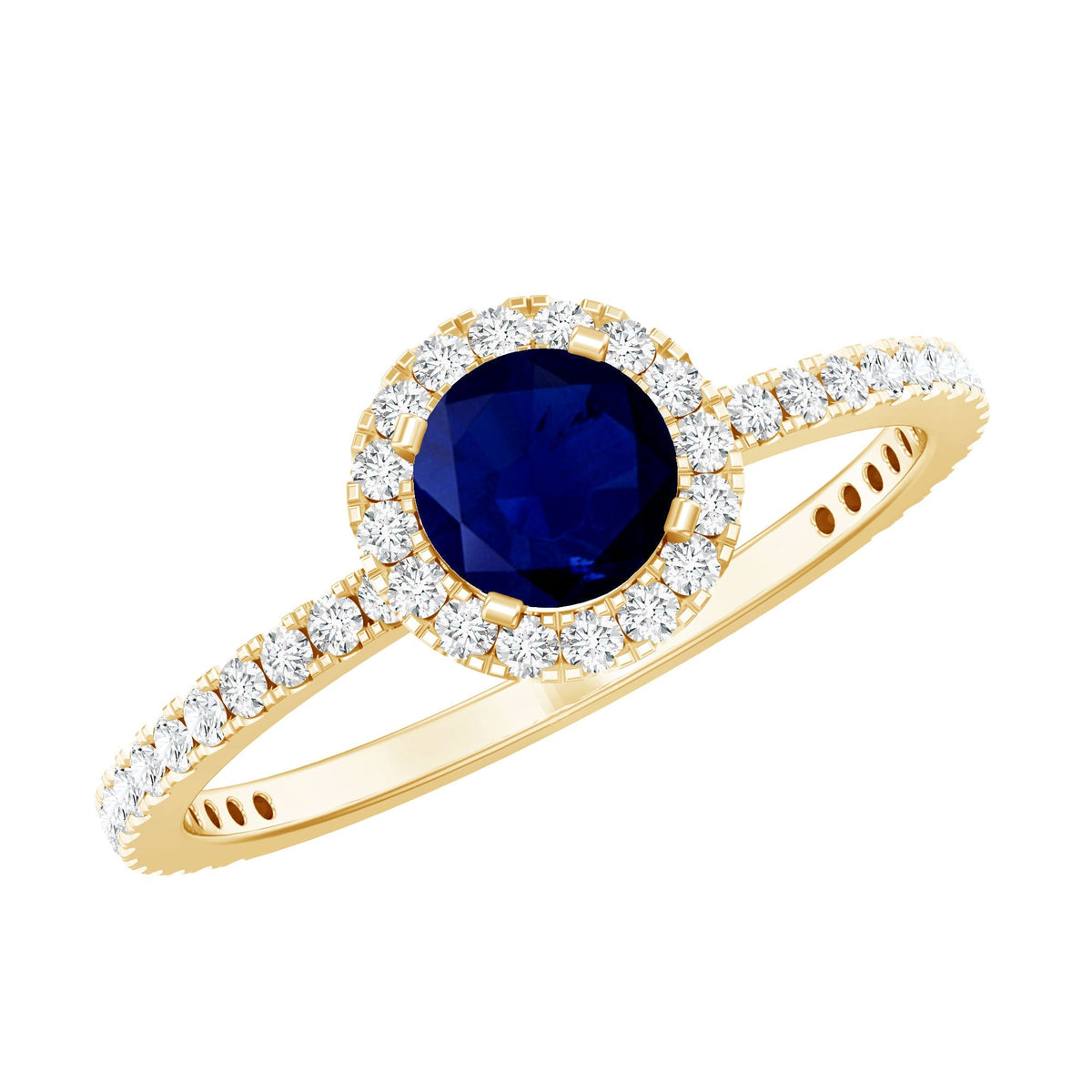 Blue Sapphire Engagement Ring, Round Diamond Halo, 0.95 Carat